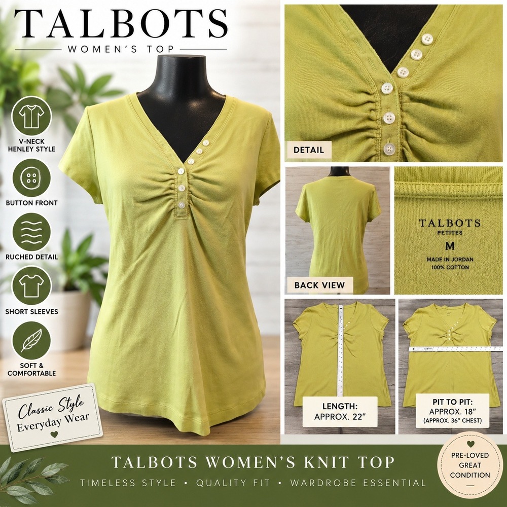 Talbots Petites Women Lime Green V-Neck Henley Ruched Short Sleeve Knit Top M